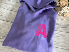 Personalised Kids Lilac hoodie with letter and name inside detail