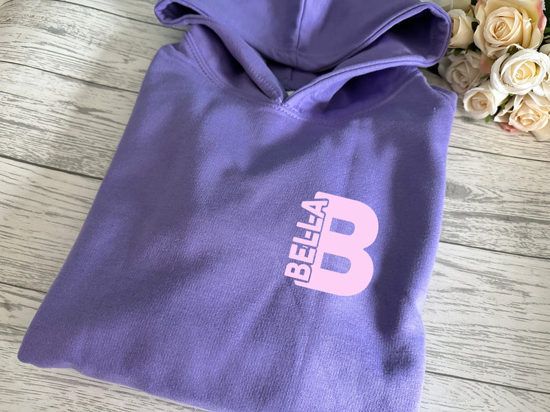 Personalised Kids Lilac hoodie with letter and name inside detail