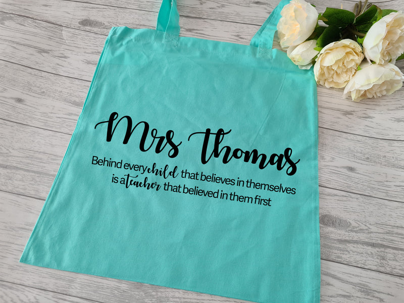 Personalised Tote bag with Teacher's Name Believe detail teacher gift