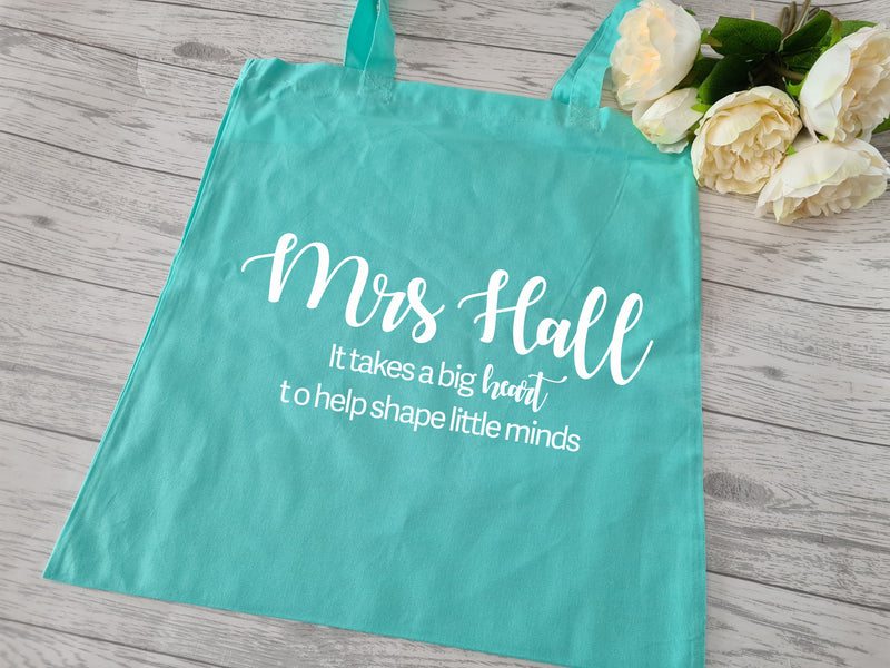 Personalised Tote bag with Teacher's Name take a big heart detail teacher gift