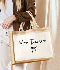 Personalised WELSH JUTE bag with Teacher's Name bow detail teacher gift