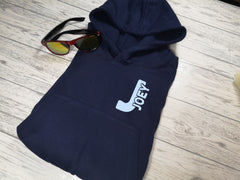 Personalised Kids Navy hoodie with letter and name inside detail for Boys and girls