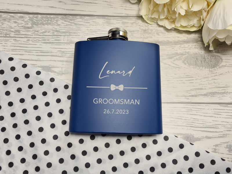 Personalised  Engraved NAVY or BLACK stainless steel hip flask 6oz  Wedding bow tie gift best man usher groomsmen Any name