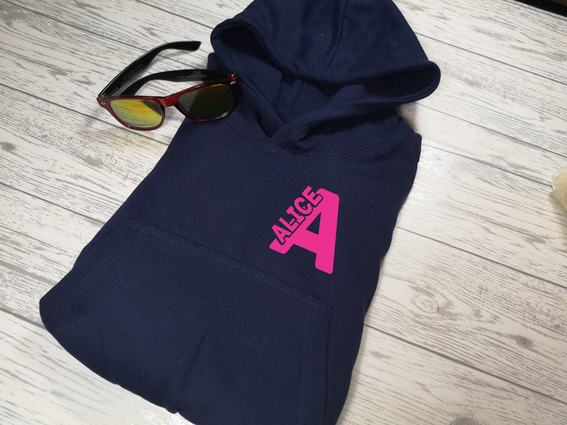 Personalised Kids Navy hoodie with letter and name inside detail for Boys and girls