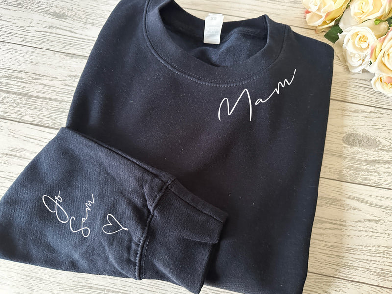 Personalised Unisex WELSH NAVY jumper Curved name on neck collar & kids on sleeve mam mami