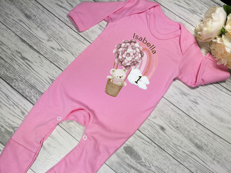 Personalised Baby blue or pink  Baby grow with teddy bear hot air balloon first birthday