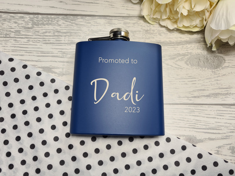 Personalised Engraved father's day Promoted to dad with year Navy or black stainless steel hip flask 6oz