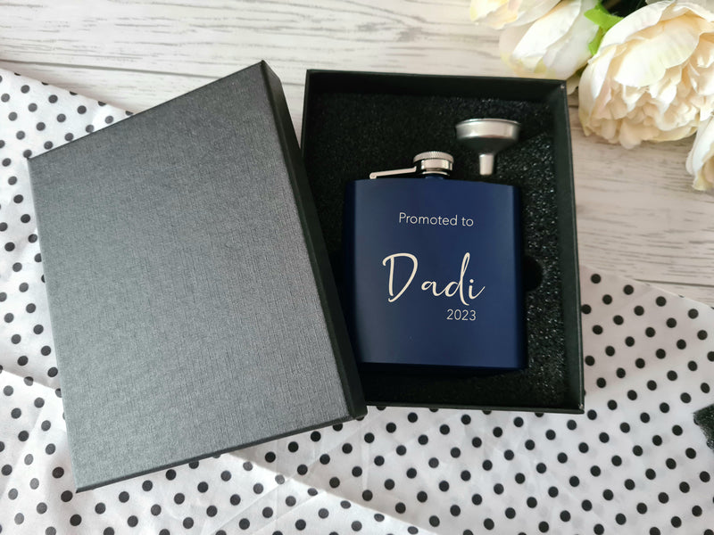Personalised Engraved father's day Promoted to dad with year Navy or black stainless steel hip flask 6oz