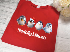 Custom Unisex WELSH RED Christmas jumper Cute Penguins with Nadolig Llawen detail