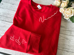 Personalised Unisex WELSH RED jumper Curved name on neck collar & kids on sleeve mam mami