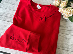 Personalised Unisex WELSH RED jumper Curved name on neck collar & kids on sleeve mam mami
