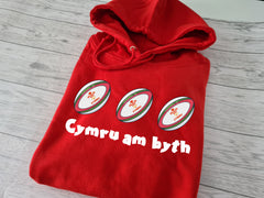 Custom welsh UNISEX RED hoodie Rugby ball CYMRU am byth detail
