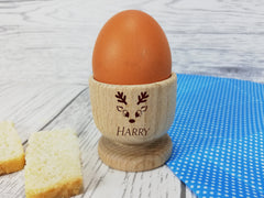Personalised Engraved Christmas Wooden Egg Cup Name With reindeer detail