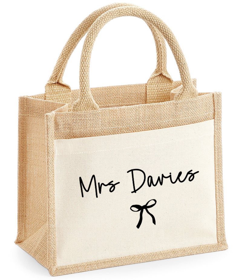 Personalised WELSH JUTE bag with Teacher's Name bow detail teacher gift