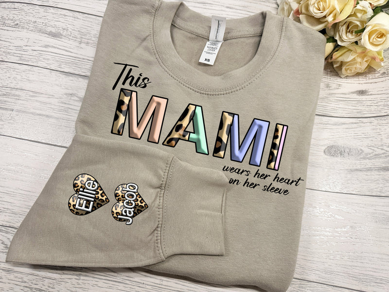 Personalised Unisex STONE jumper Leopard split name Mam wears heart on sleeve mamgu mami