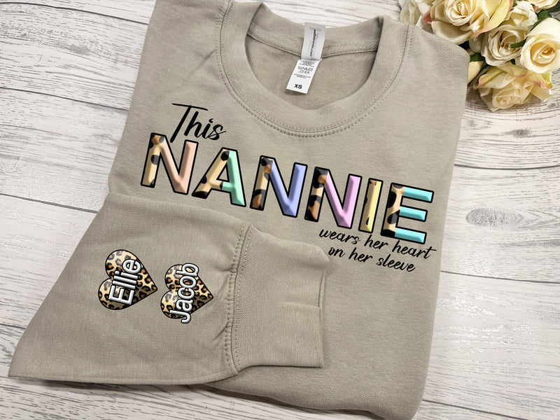 Personalised Unisex STONE jumper Leopard split name Mam wears heart on sleeve mamgu mami