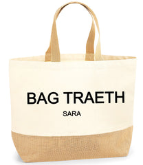 Personalised Welsh Large Jute tote bag with name BAG TRAETH detail gift any name