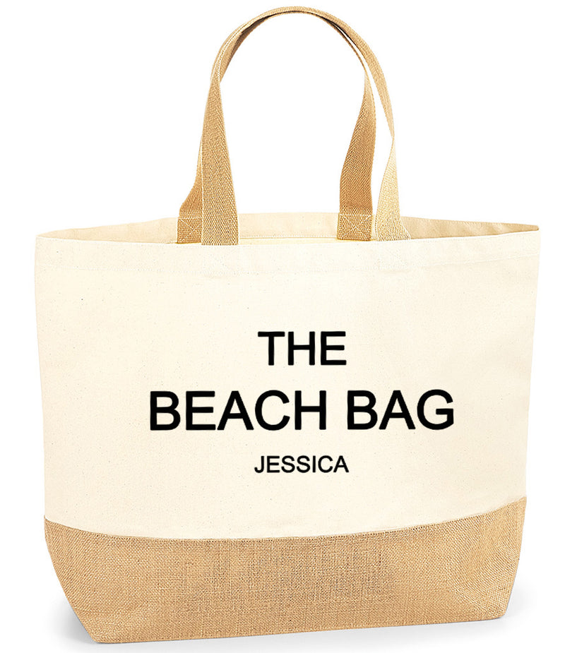 Personalised Large Jute tote bag with  name THE BEACH BAG detail gift any name