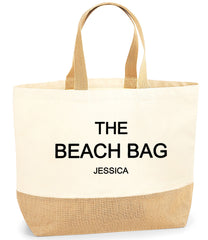 Personalised Large Jute tote bag with  name THE BEACH BAG detail gift any name