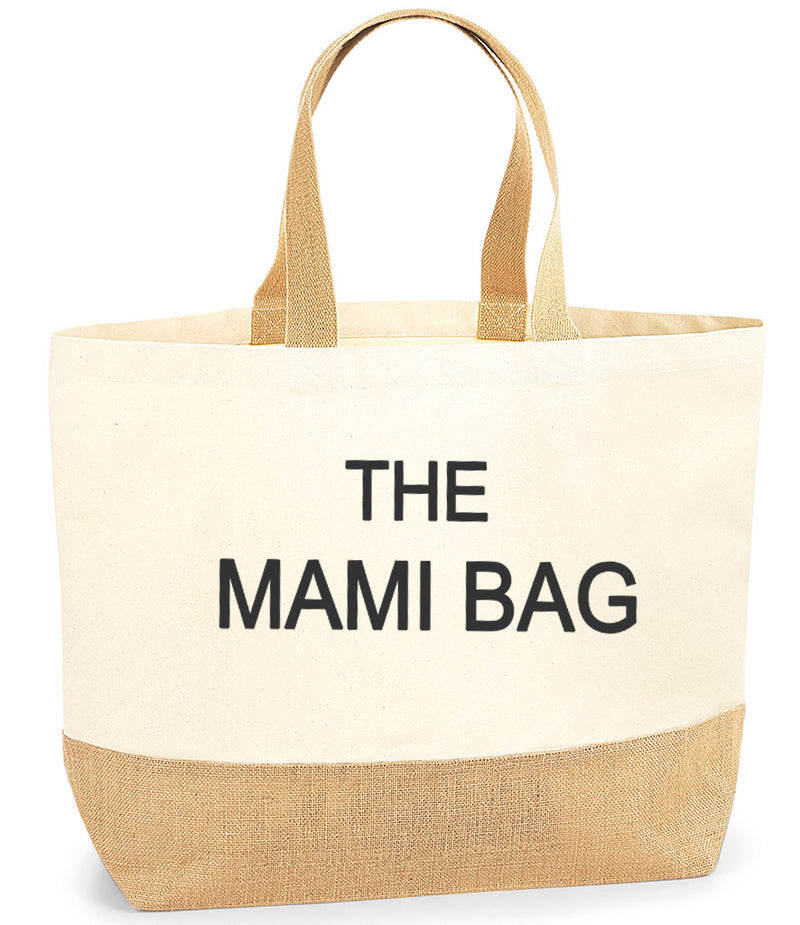 Personalised Large Jute tote bag with Mother's name THE MAM BAG detail gift any name