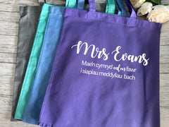 Personalised WELSH Tote bag with Teacher's Name calon fawr detail teacher gift
