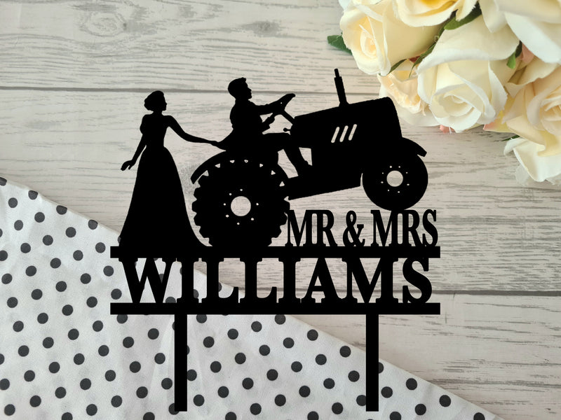 Personalised plain or Mirrored acrylic Wedding cake topper tractor farmer wedding mr mrs