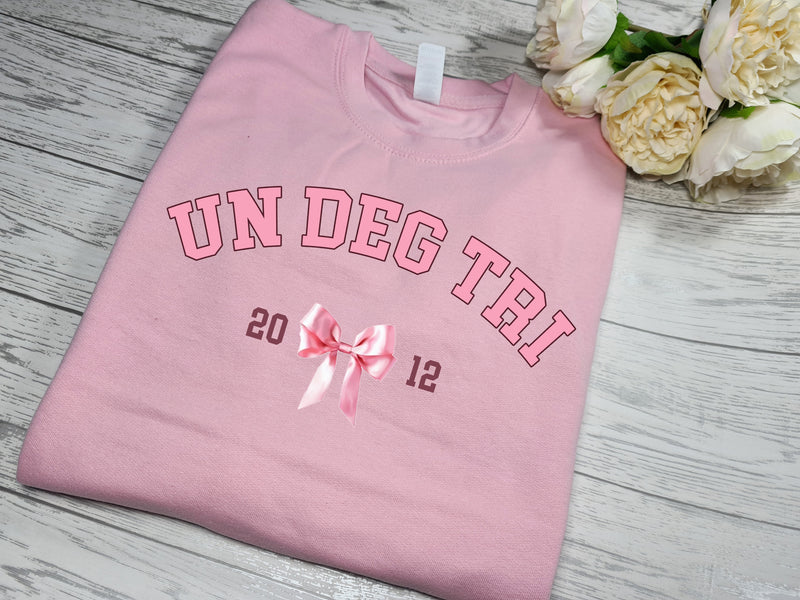 Personalised Kids / adults unisex BABY PINK welsh bow BIRTHDAY AGE year jumper