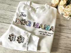 Personalised Unisex WHITE jumper Leopard split name Dog Mama wears heart on sleeve mamgu mami