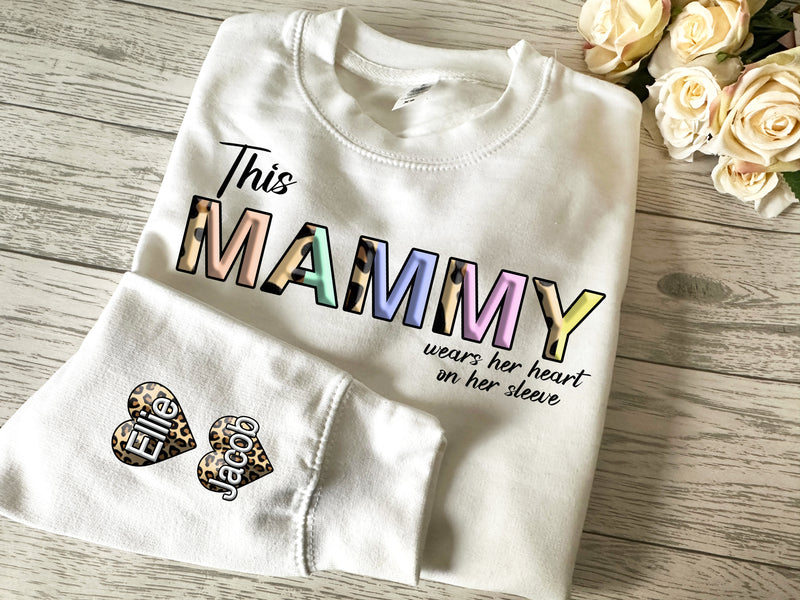 Personalised Unisex WHITE jumper Leopard split name Mam wears heart on sleeve mamgu mami