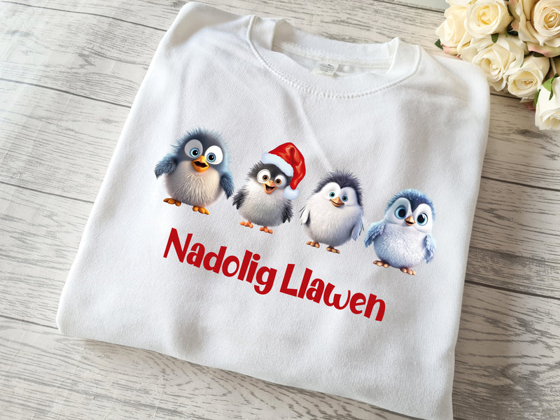 Custom Unisex WELSH WHITE Christmas jumper Cute Penguins with Nadolig Llawen detail