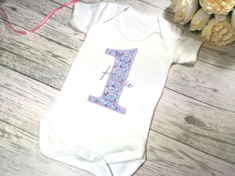 Personalised White Baby vest suit with floral number birthday name