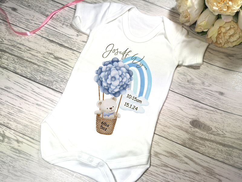 Personalised new baby White Baby vest suit with birth details in blue or pink teddy hot air balloon