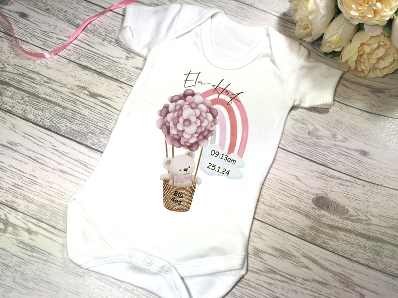 Personalised new baby White Baby vest suit with birth details in blue or pink teddy hot air balloon