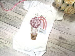 Personalised WELSH babi newydd White Baby vest suit with birth details in blue or pink teddy hot air balloon