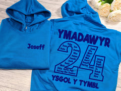 Personalised Kids/Adults welsh LEAVERS YAMDAWYR hoodie with NAMES SCHOOL and YEAR detail for Boys and girls