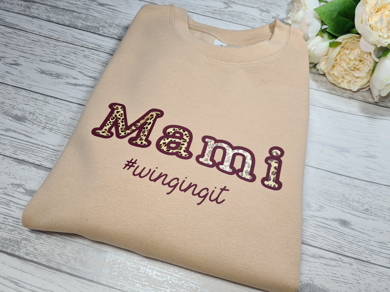 Personalised Unisex NUDE jumper with name Mum Mami  #winging it detail in a choice of colour