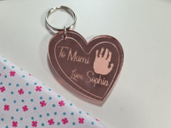 Personalised Rose gold Mirrored acrylic Mum Heart Keyring with child's handprint detail