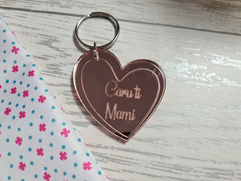 Personalised Welsh Rose gold Mirrored acrylic Mam Heart Keyring with any name detail