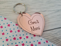 Personalised Welsh Rose gold Mirrored acrylic Mam Heart Keyring with any name detail