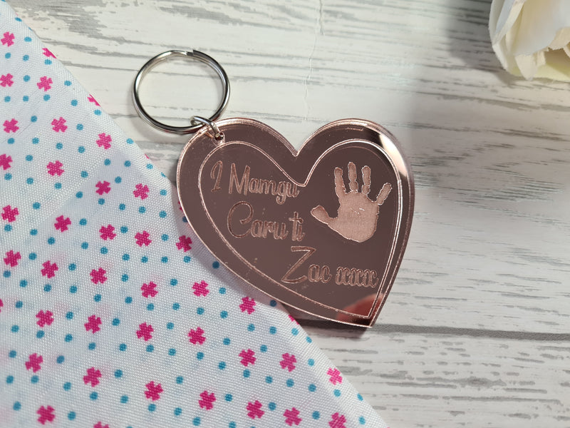 Personalised Welsh Rose gold Mirrored acrylic Mum Heart Keyring with child's handprint detail