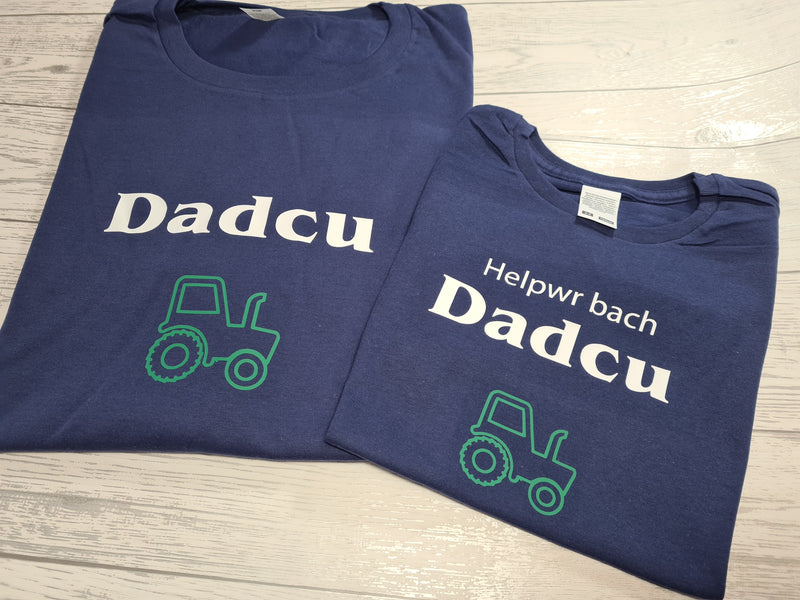 Personalised welsh Matching Father grandfather and Son or daughter  Navy tractor T-shirt