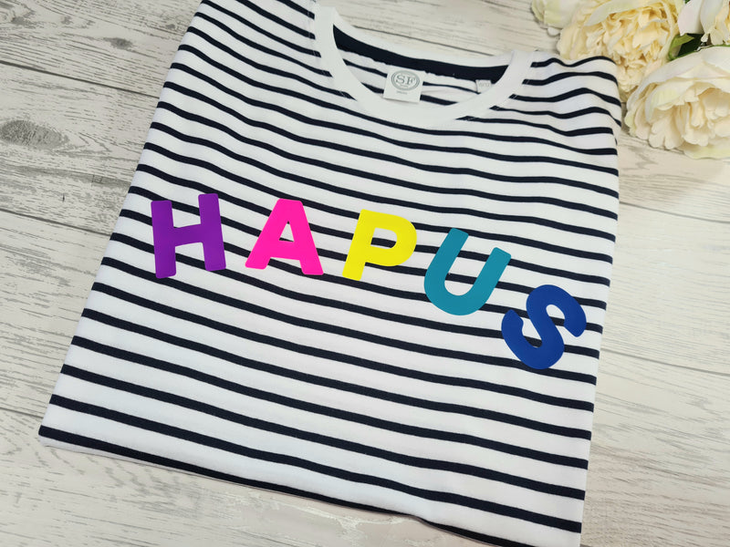 Personalised family welsh UNISEX adults, kids, baby rainbow Curved HAPUS or Cwtsh Navy stripy T-shirt