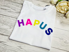 Custom Baby/Kids white t-shirt with rainbow HAPUS HAPPY or CWTSH detail choice of colour detail