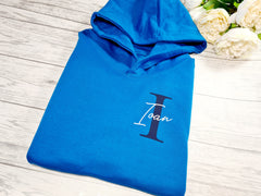 Personalised Kids BLUE hoodie with letter and name detail for Boys and girls