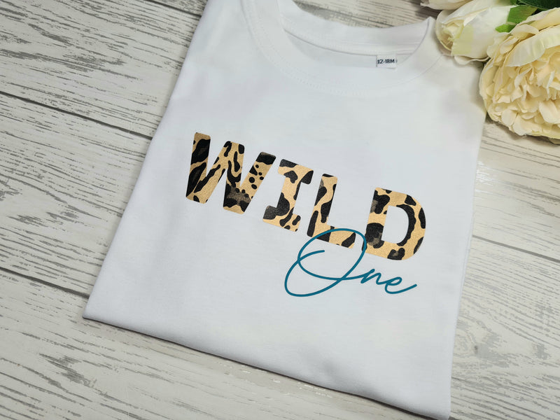 Personalised BABY & KIDS White t-shirt metallic leopard  wild one