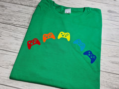 Personalised Kids GREEN t-shirt with GAMING controller rainbow
