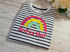 Personalised KIDS RAINBOW Navy stripy  T-shirt Any wording or name