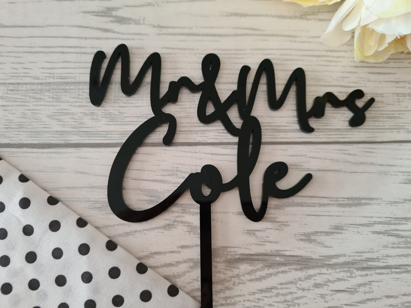 Personalised Black or Mirrored acrylic Wedding surname cake topper