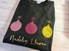 Custom Unisex BLACK welsh  NADOLIG LLAWEN rose glitter 3 baubles jumper