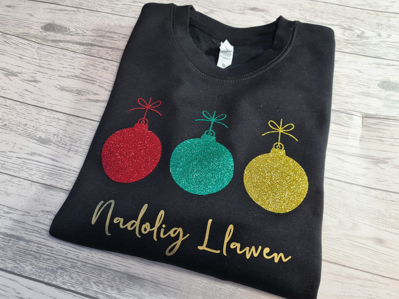 Custom Unisex BLACK welsh  NADOLIG LLAWEN glitter 3 baubles jumper